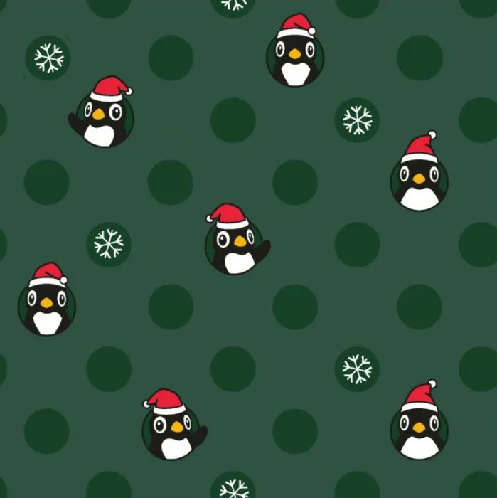 GREEN CHRISTMAS PENGUINS COTTON JERSEY PER METRE SALE