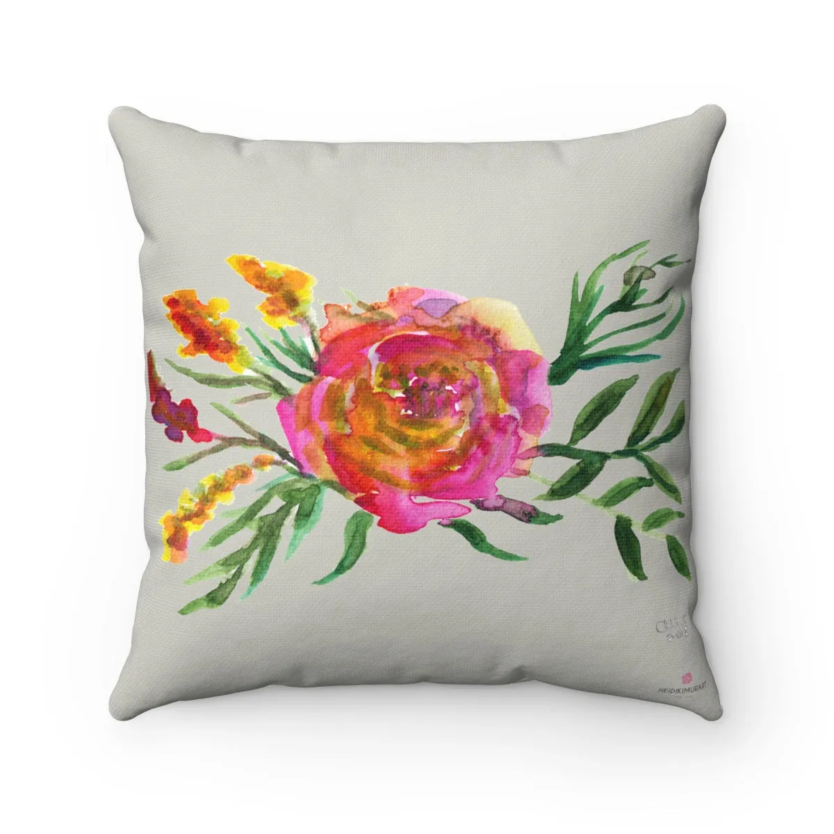Grey Floral Pillow, Cute Light Grey Floral Rose Spun Polyester Square Pillow-Made in USA