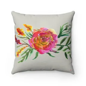 Grey Floral Pillow, Cute Light Grey Floral Rose Spun Polyester Square Pillow-Made in USA
