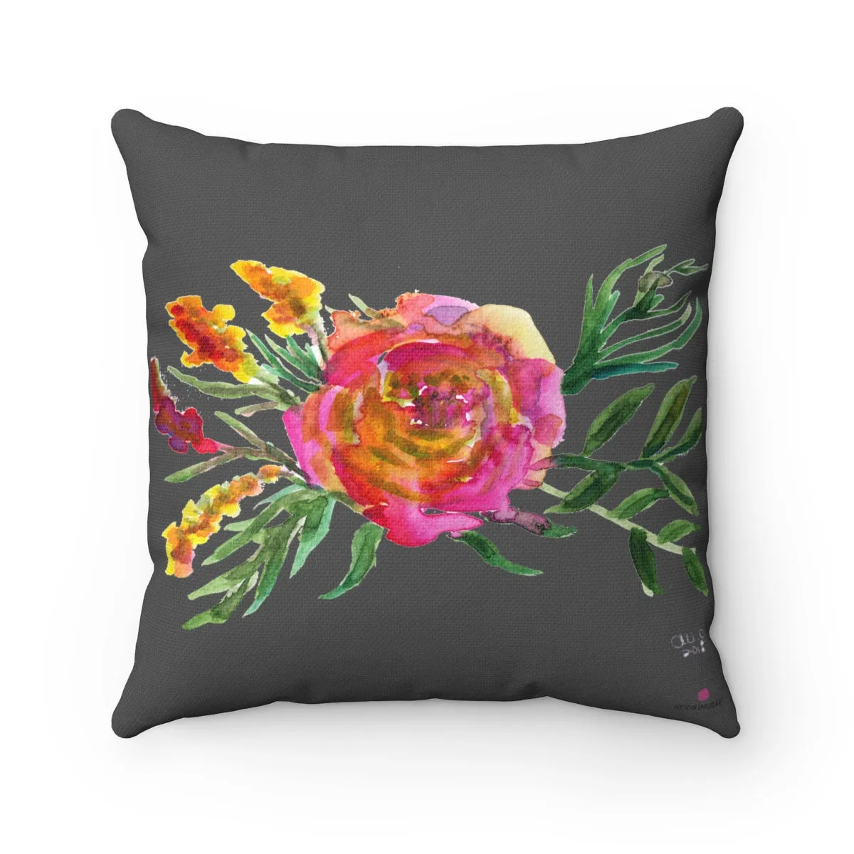 Grey Pink Rose Pillow, Girlie Floral Print Elegant Spun Polyester Square Pillow - Made in USA