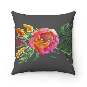 Grey Pink Rose Pillow, Girlie Floral Print Elegant Spun Polyester Square Pillow - Made in USA