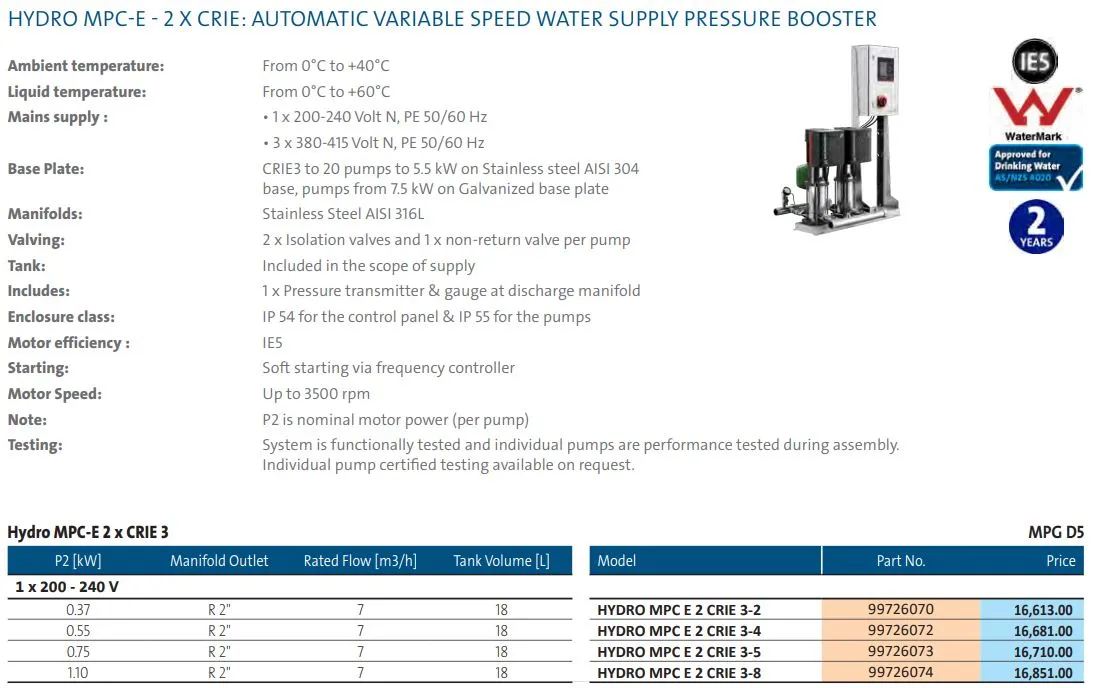 Grundfos Hydro MPC-E Dual CRIE 5 Automatic Variable Speed Pressure Boosting Pump Package (Max 330LPM)