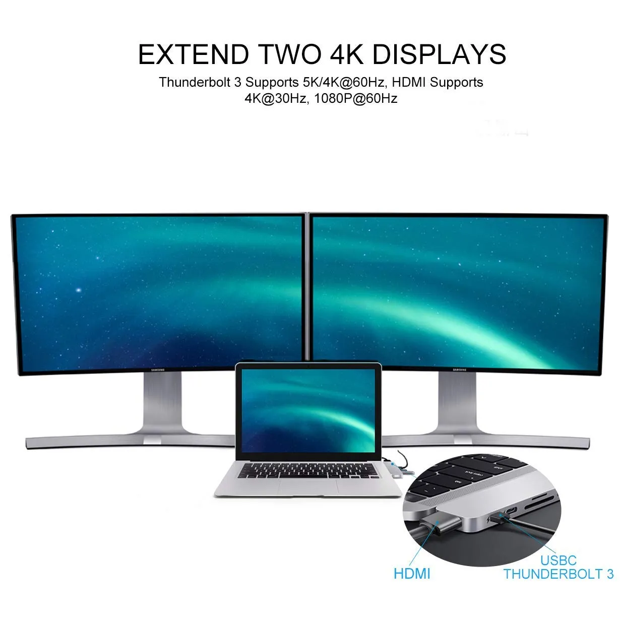 HyperDrive USB C Hub, Best Type-C Duo Adapter 50Gbps MacBook Pro 2018 2017 2016 13" 15", 7in2: USB-C 100W Power Delivery, USBC 5Gbps Data, 4K HDMI, mi