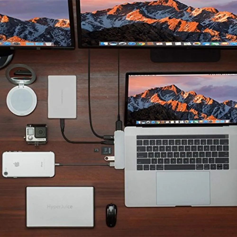 HyperDrive USB C Hub, Best Type-C Duo Adapter 50Gbps MacBook Pro 2018 2017 2016 13" 15", 7in2: USB-C 100W Power Delivery, USBC 5Gbps Data, 4K HDMI, mi