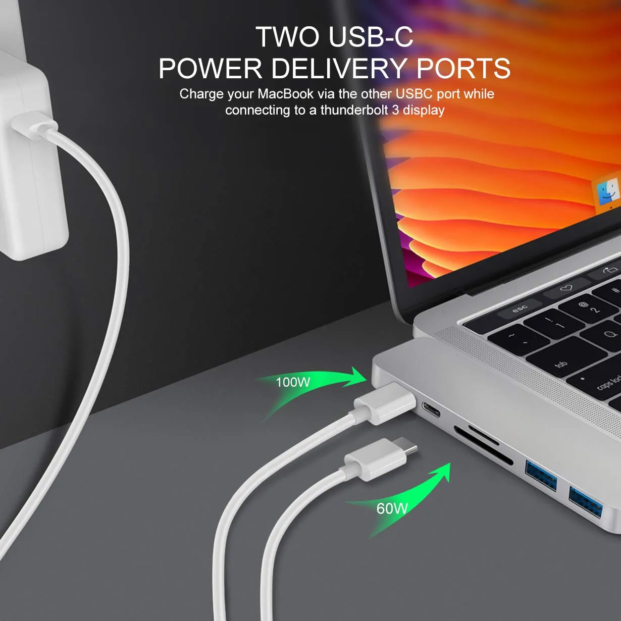 HyperDrive USB C Hub, Best Type-C Duo Adapter 50Gbps MacBook Pro 2018 2017 2016 13" 15", 7in2: USB-C 100W Power Delivery, USBC 5Gbps Data, 4K HDMI, mi