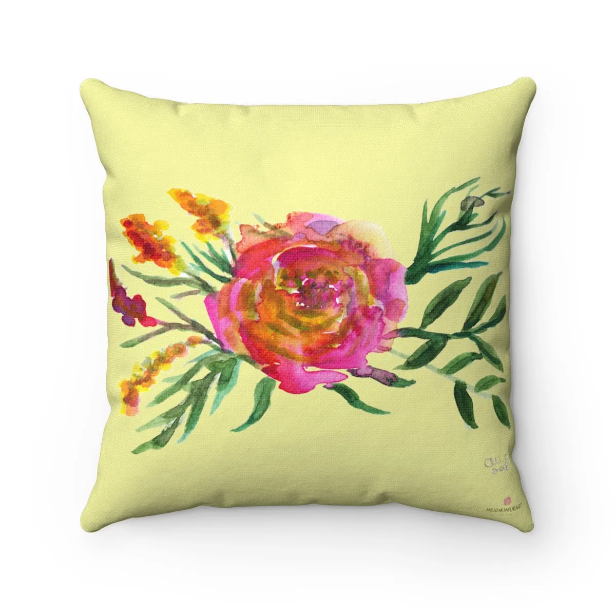 Light Yellow Floral Pillow, Pink Floral Rose Spun Polyester Square Art Pillow - Made in USA