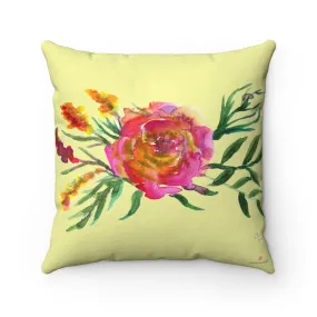 Light Yellow Floral Pillow, Pink Floral Rose Spun Polyester Square Art Pillow - Made in USA