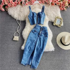 LVSANW Amolapha Women Summer Denim Clothes Sets Strapless Strap Cowboy Camisole Tops High Waist Split Jeans Mid-Length Skirts Suits
