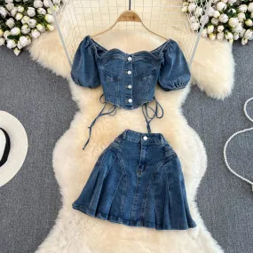 LVSANW Amolapha Women Summer Jeans Sets Strapless Bandage Denim Short Style Tops Mini Fishtail Denim Skirt 2 Pieces Clothing Suits