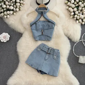 LVSANW Denim Short Skirts Sets For Women Halter Neck Hollow Out Backless Zipper Sexy Tops   Shorts Jeans 2 Pieces Set Suits
