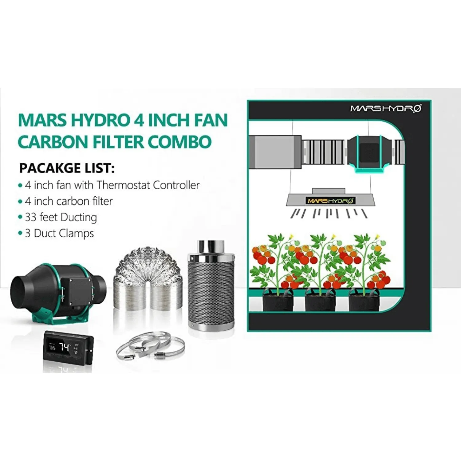 Mars Hydro 4" Inline Duct Fan and Carbon Filter Combo with Temperature and Humidity Controller