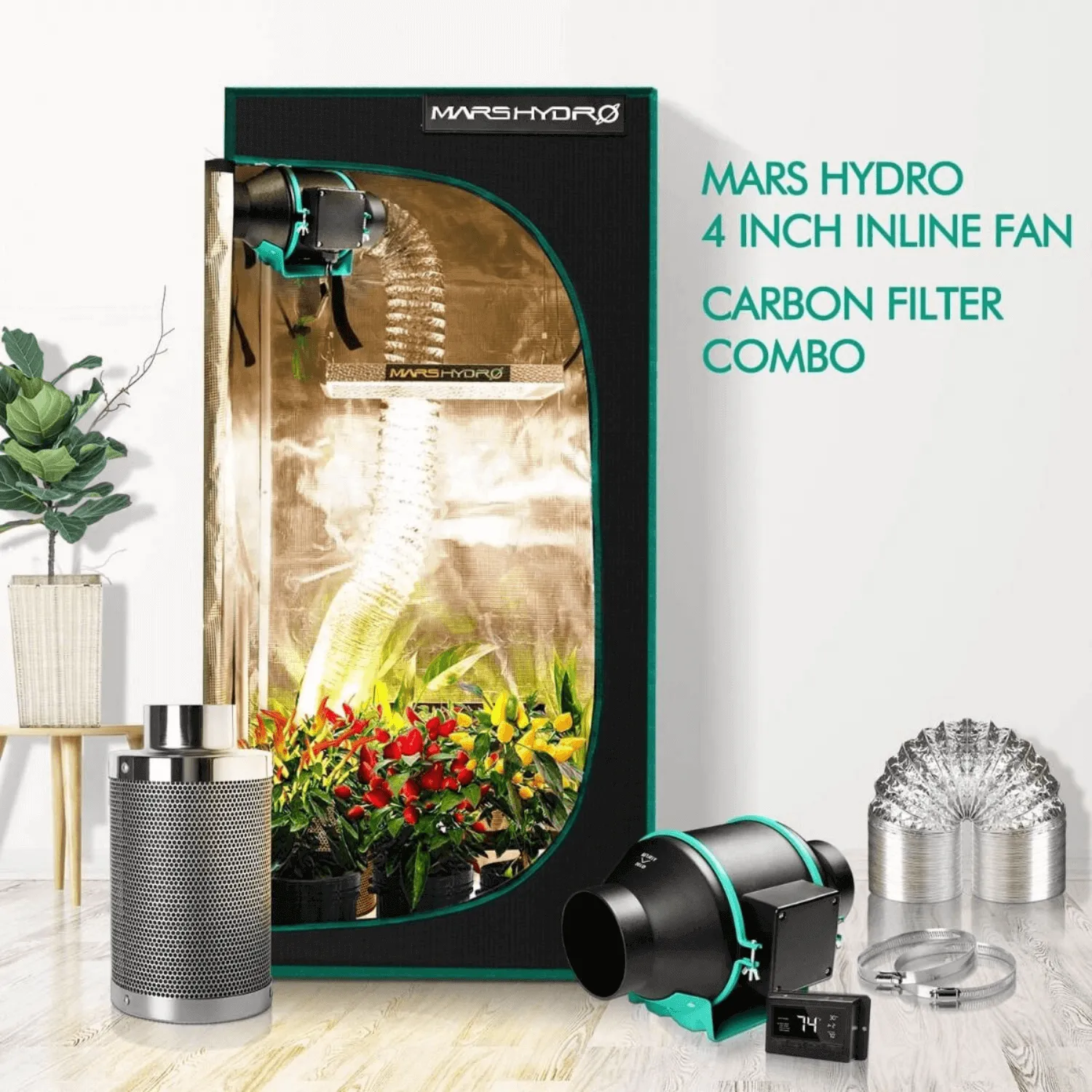 Mars Hydro 4" Inline Duct Fan and Carbon Filter Combo with Temperature and Humidity Controller