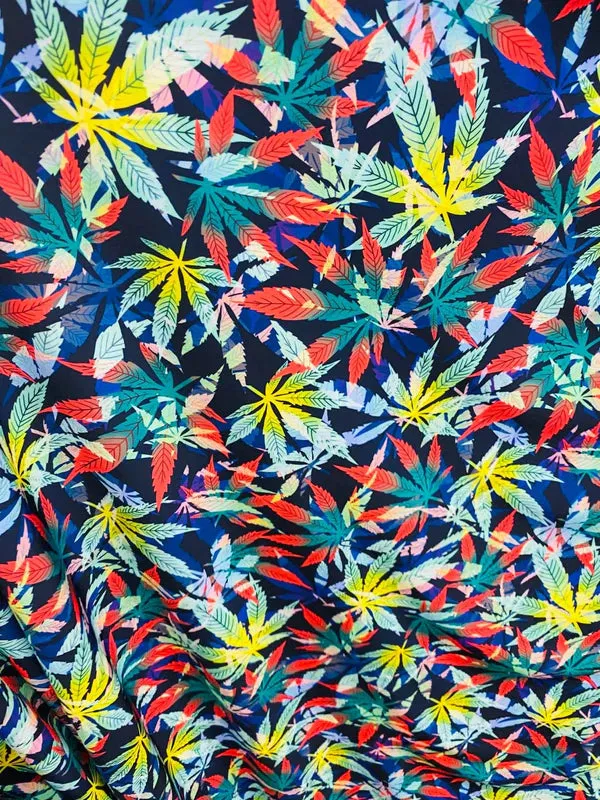 MJ Leaf Plant Print Fabrics - Lycra Spandex Fabric Sold By The Yard (Pick a Color)