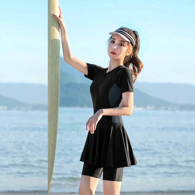 Modest Swimsuit For Women One Piece Large Size Swimwear Korean Style Swim Skirt Conservative Beachwear Ladies Swimming Suit 5xl