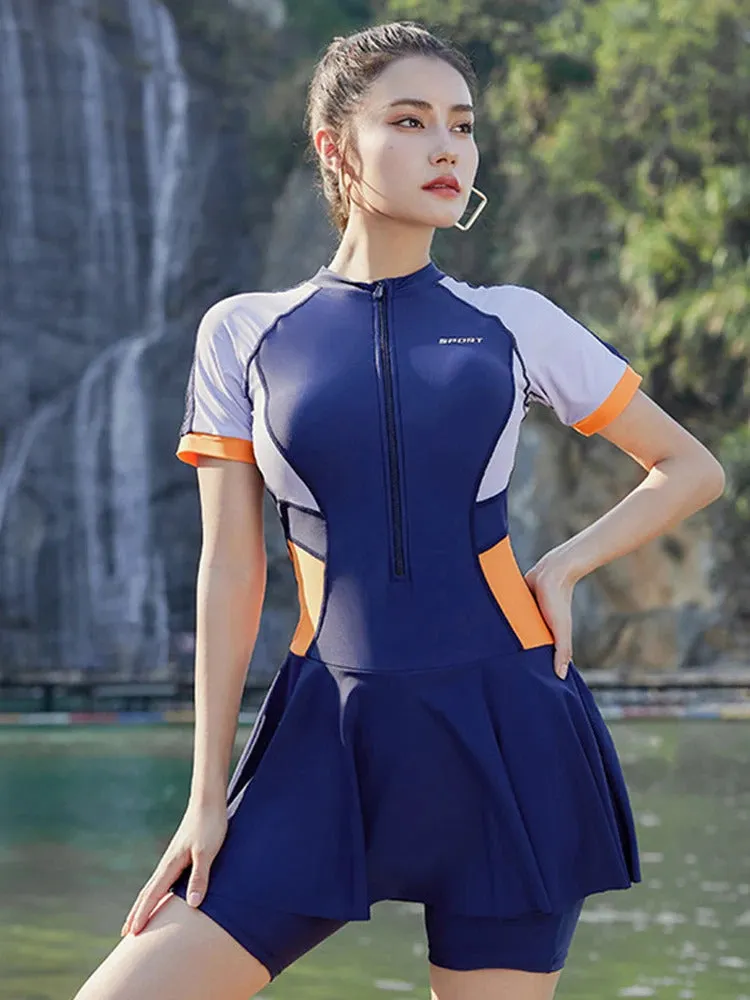 Modest Swimsuit For Women One Piece Large Size Swimwear Korean Style Swim Skirt Conservative Beachwear Ladies Swimming Suit 5xl