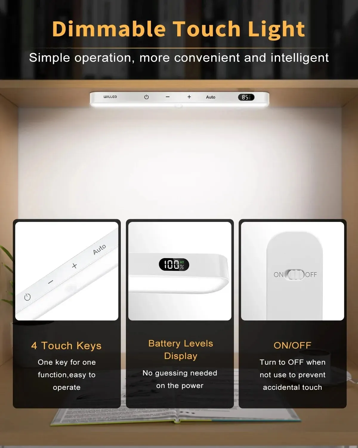 Motion Sensor Cabinet Light Battery Display 60 LED Touch Light Bar