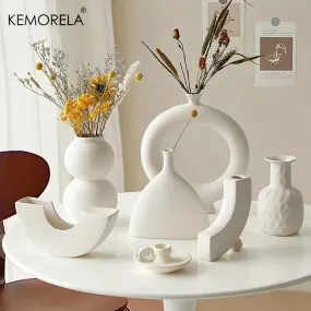 Nordic Ceramic Vase Circular Hollow Donuts Flower Pot Home Living Room Decoration Accessories Interior Office Desktop Decor Gift