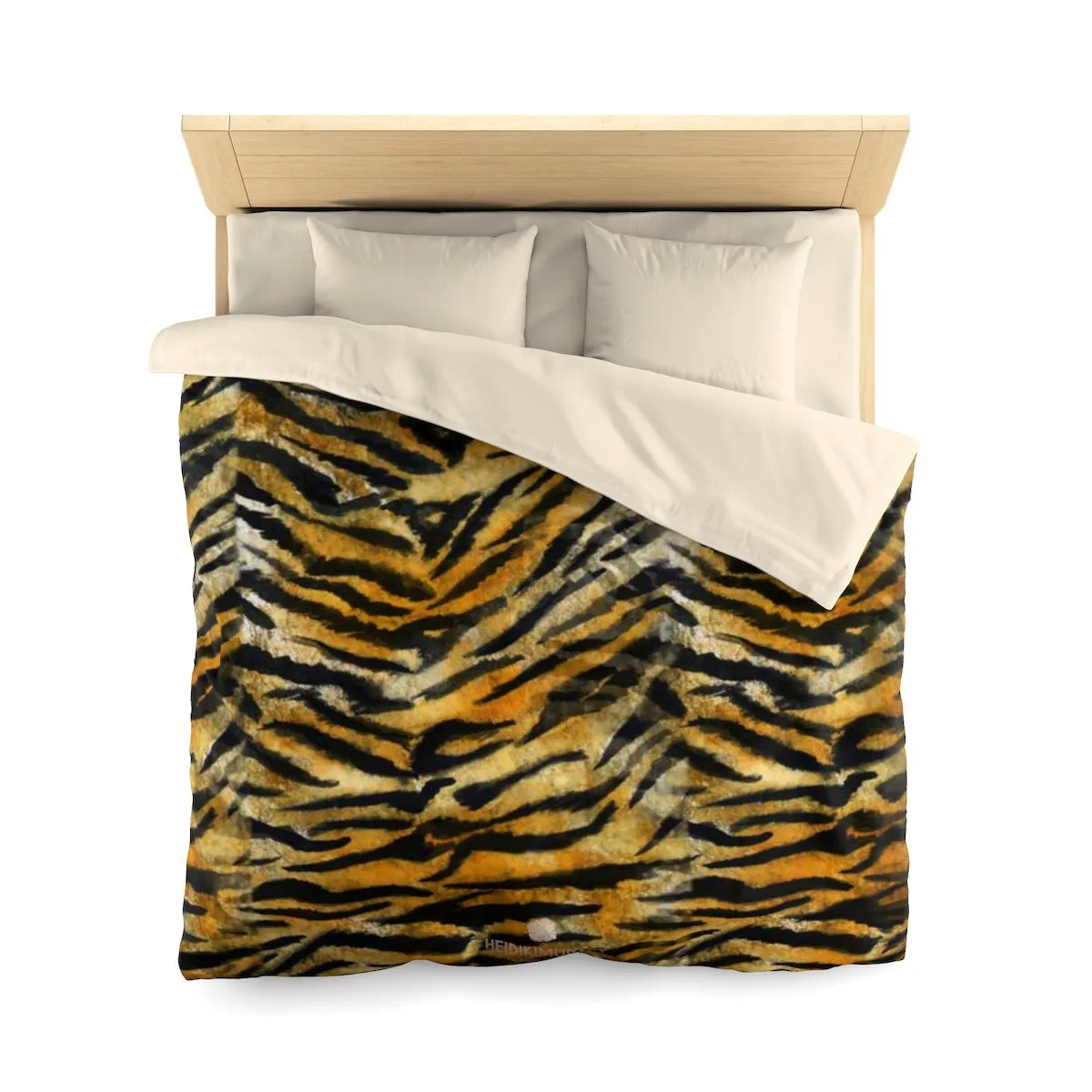 Orange Tiger Stripe Duvet Cover, Brown Animal Print Microfiber Bedding Cover-Made in USA