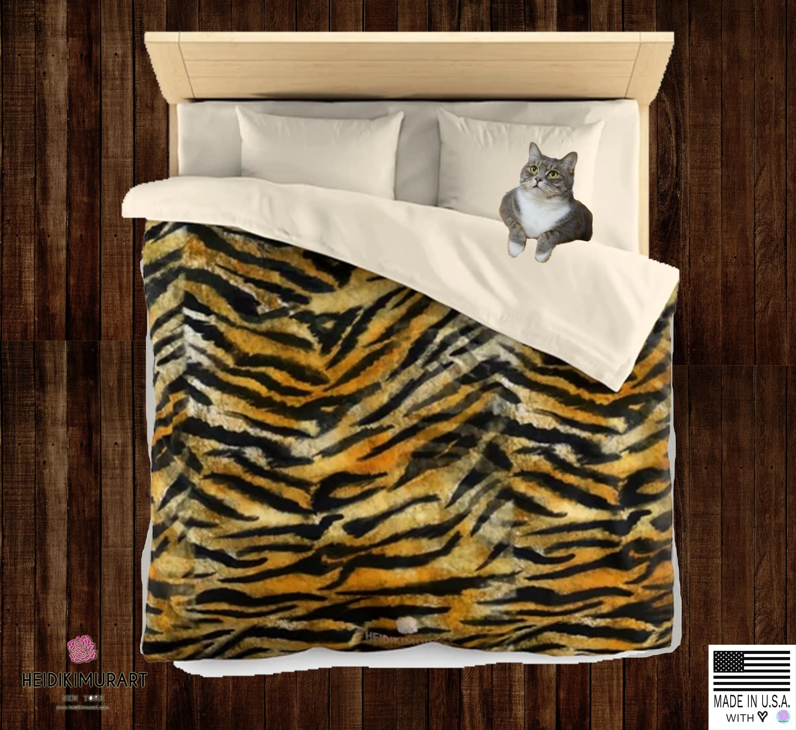 Orange Tiger Stripe Duvet Cover, Brown Animal Print Microfiber Bedding Cover-Made in USA