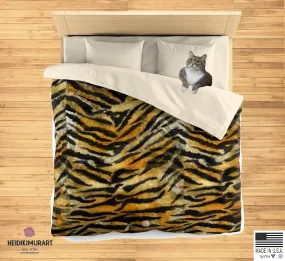Orange Tiger Stripe Duvet Cover, Brown Animal Print Microfiber Bedding Cover-Made in USA
