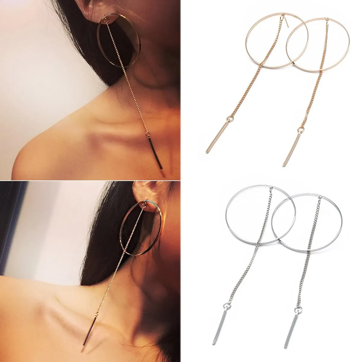 Punk Shellhard Unique Big Circles Earrings Charms Long Chain Tassel Drop Dangle Earring For Women Fashion Jewelry Bijoux