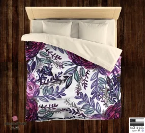 Purple Pink Floral Rose Comfy 100% Polyester Microfiber Duvet Cover- Made in USA