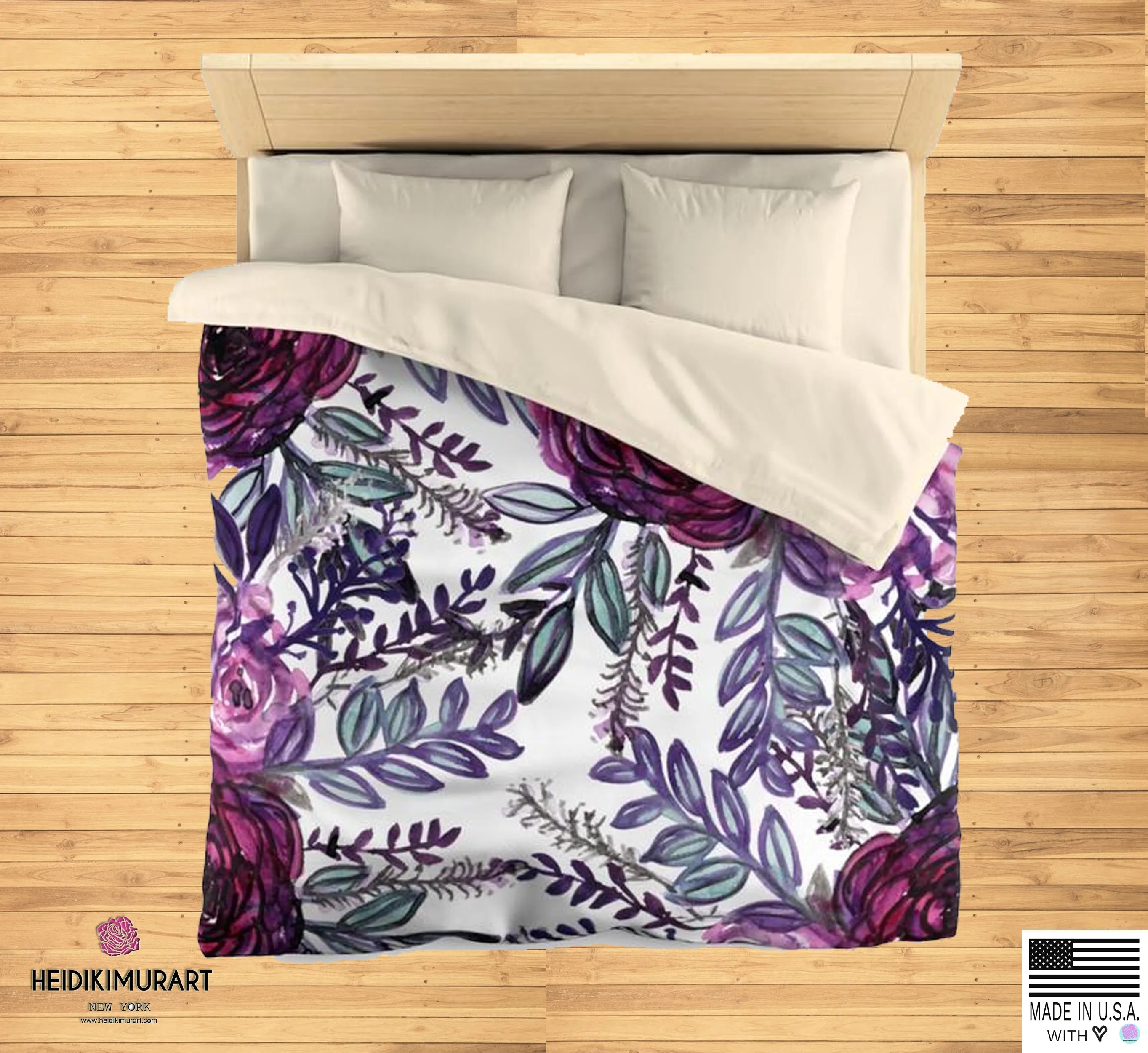 Purple Pink Floral Rose Comfy 100% Polyester Microfiber Duvet Cover- Made in USA