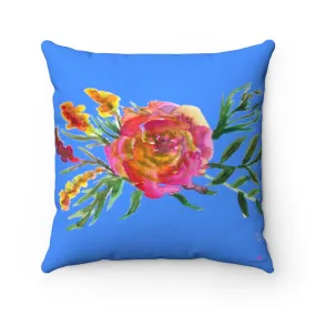 Red Rose Girlie Floral Wreath Blue Spun Polyester Square Pillow 14"/16"/18"/20"