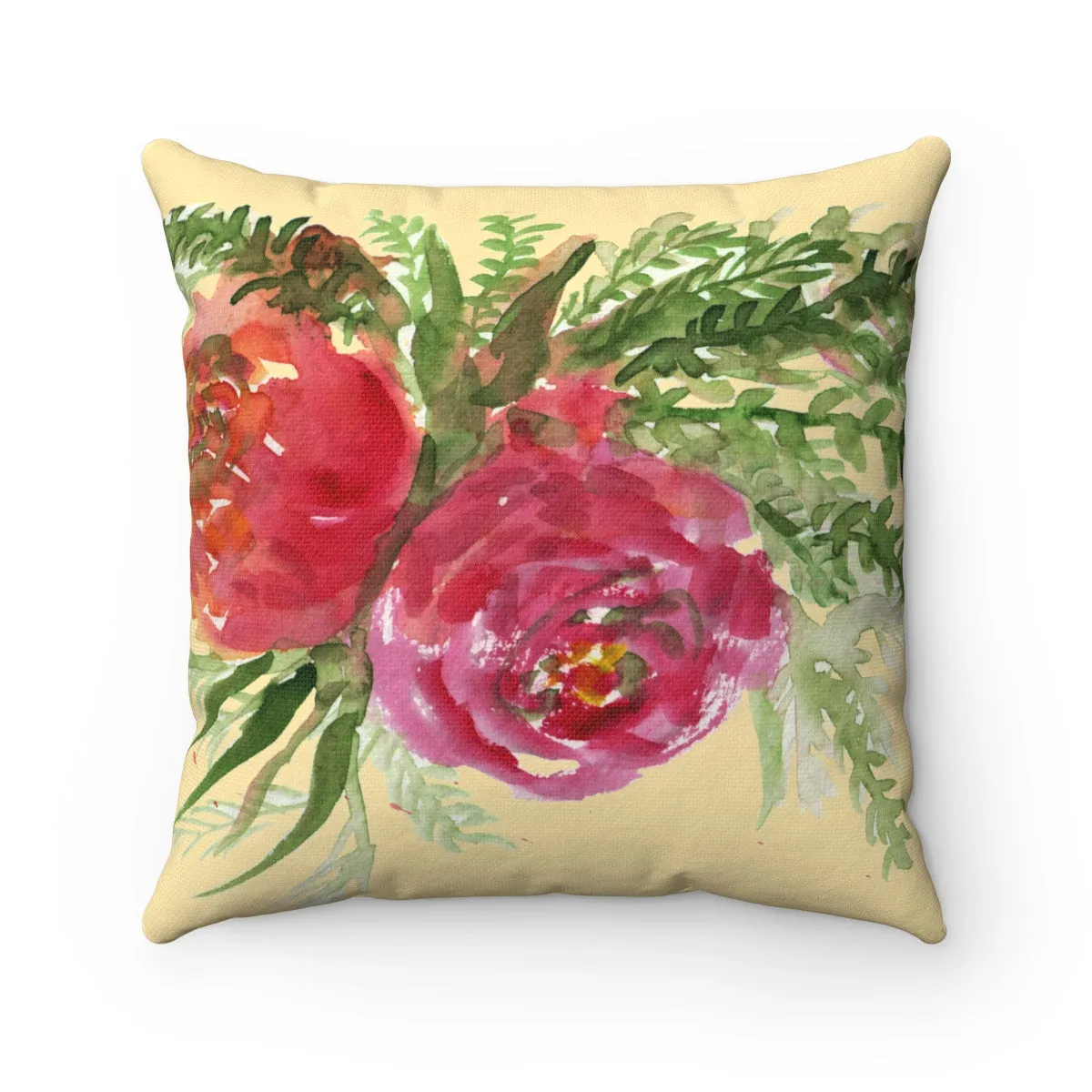 Red Rose Watercolor Art Pillow, Girlie Floral Wreath Print Premium Spun Polyester Square Pillow Case