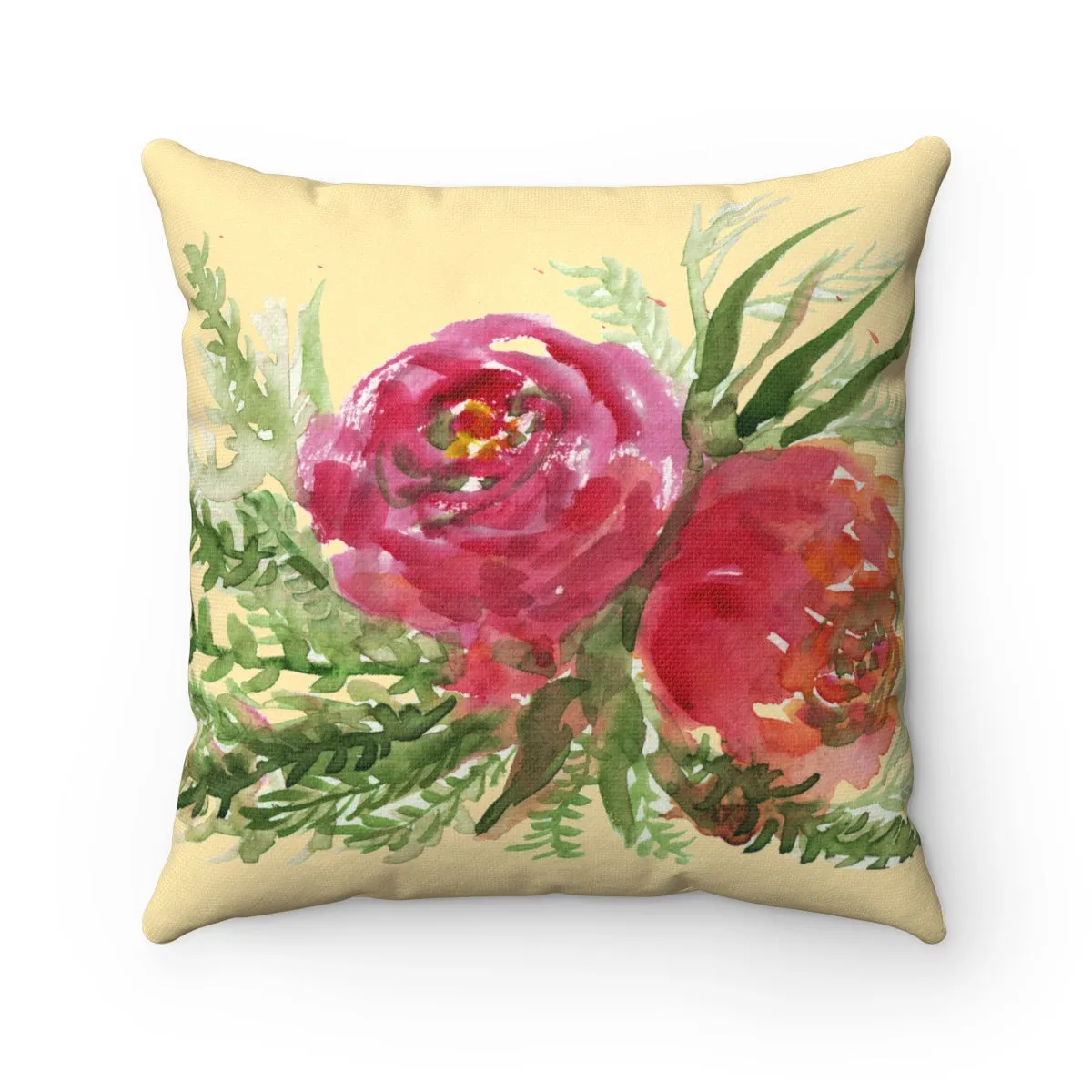 Red Rose Watercolor Art Pillow, Girlie Floral Wreath Print Premium Spun Polyester Square Pillow Case