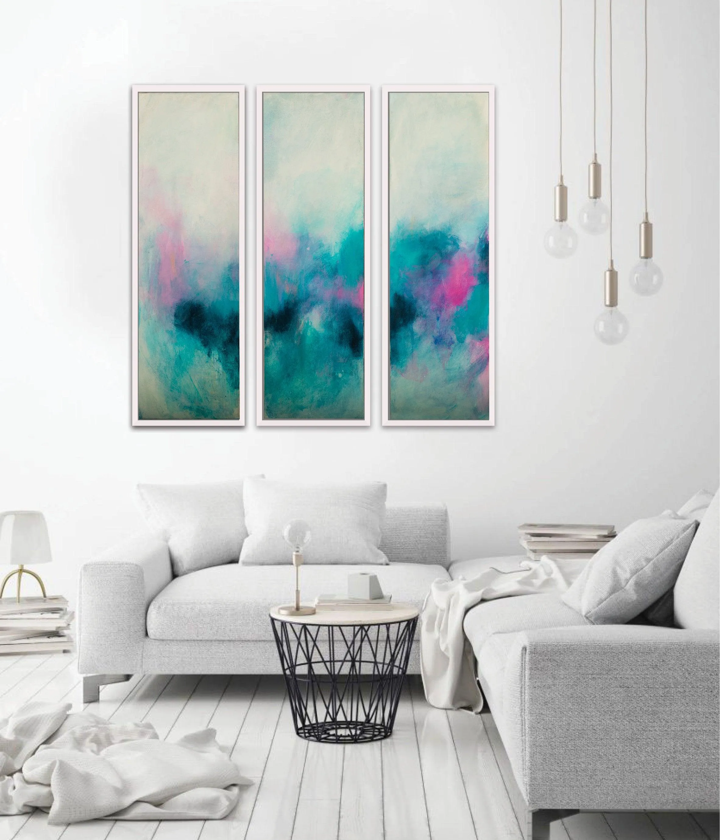 Set of 3 teal aqua blue abstract seascape art, Blush pink wall art set, Teal Abstract landscape