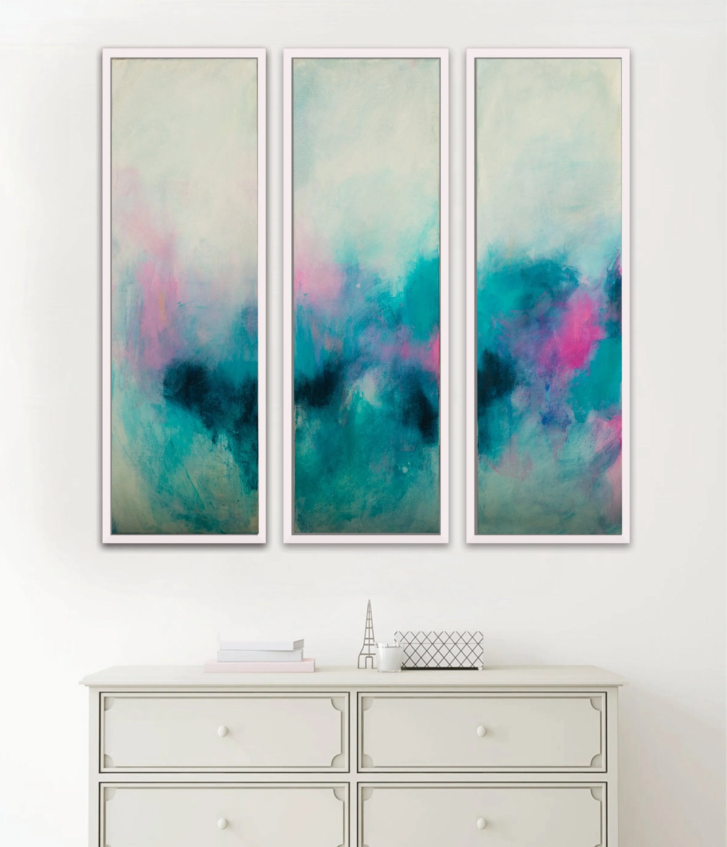 Set of 3 teal aqua blue abstract seascape art, Blush pink wall art set, Teal Abstract landscape