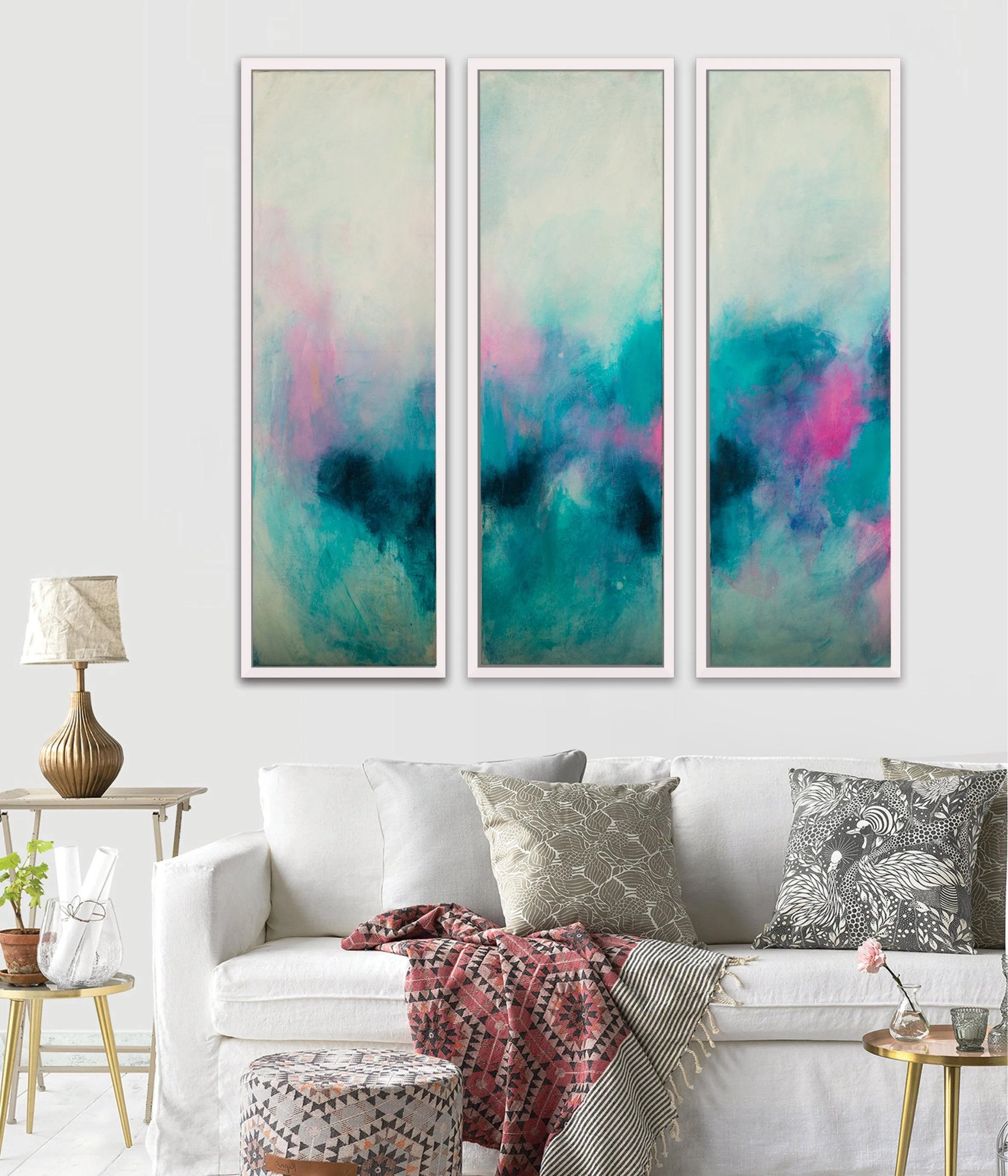 Set of 3 teal aqua blue abstract seascape art, Blush pink wall art set, Teal Abstract landscape