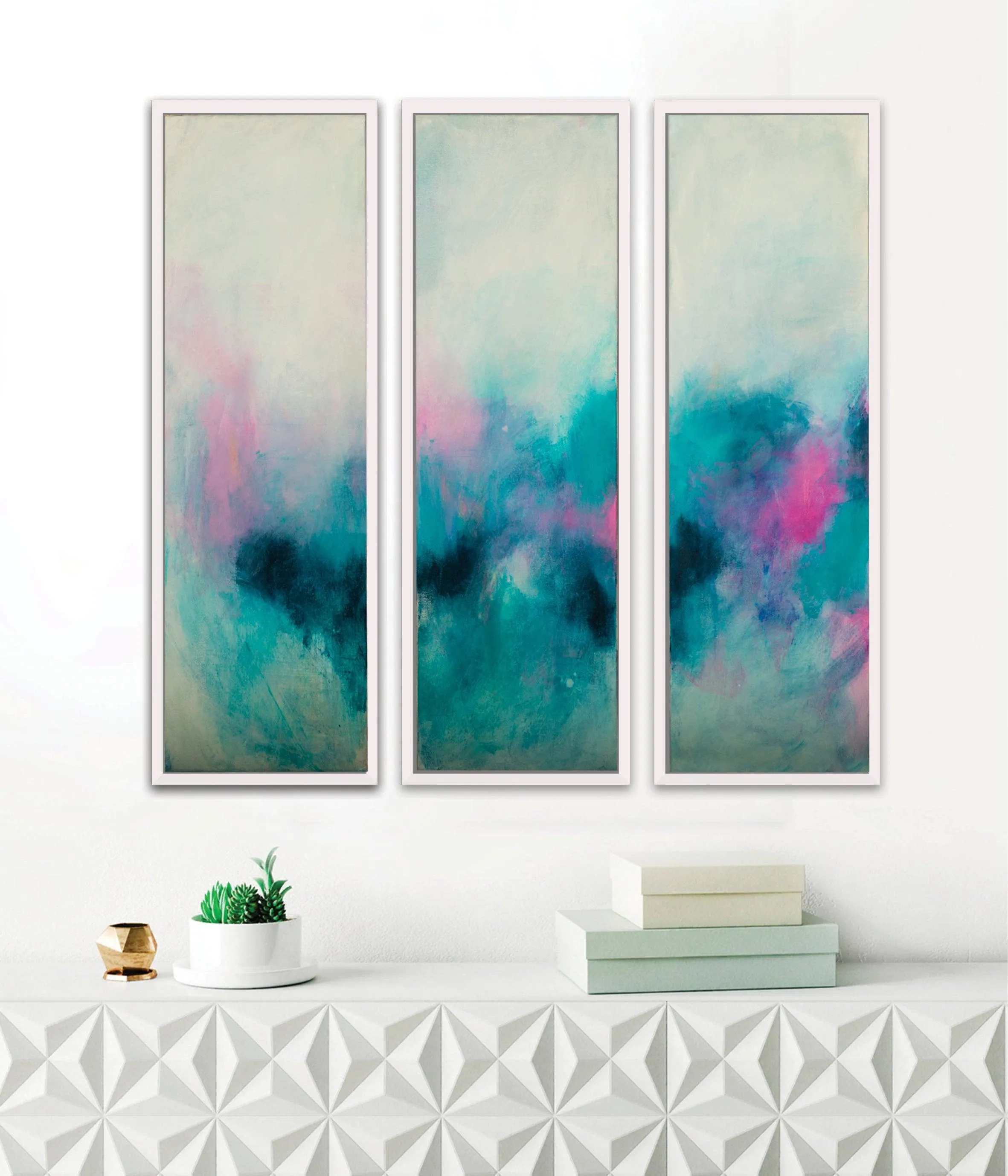 Set of 3 teal aqua blue abstract seascape art, Blush pink wall art set, Teal Abstract landscape