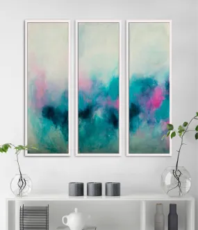 Set of 3 teal aqua blue abstract seascape art, Blush pink wall art set, Teal Abstract landscape