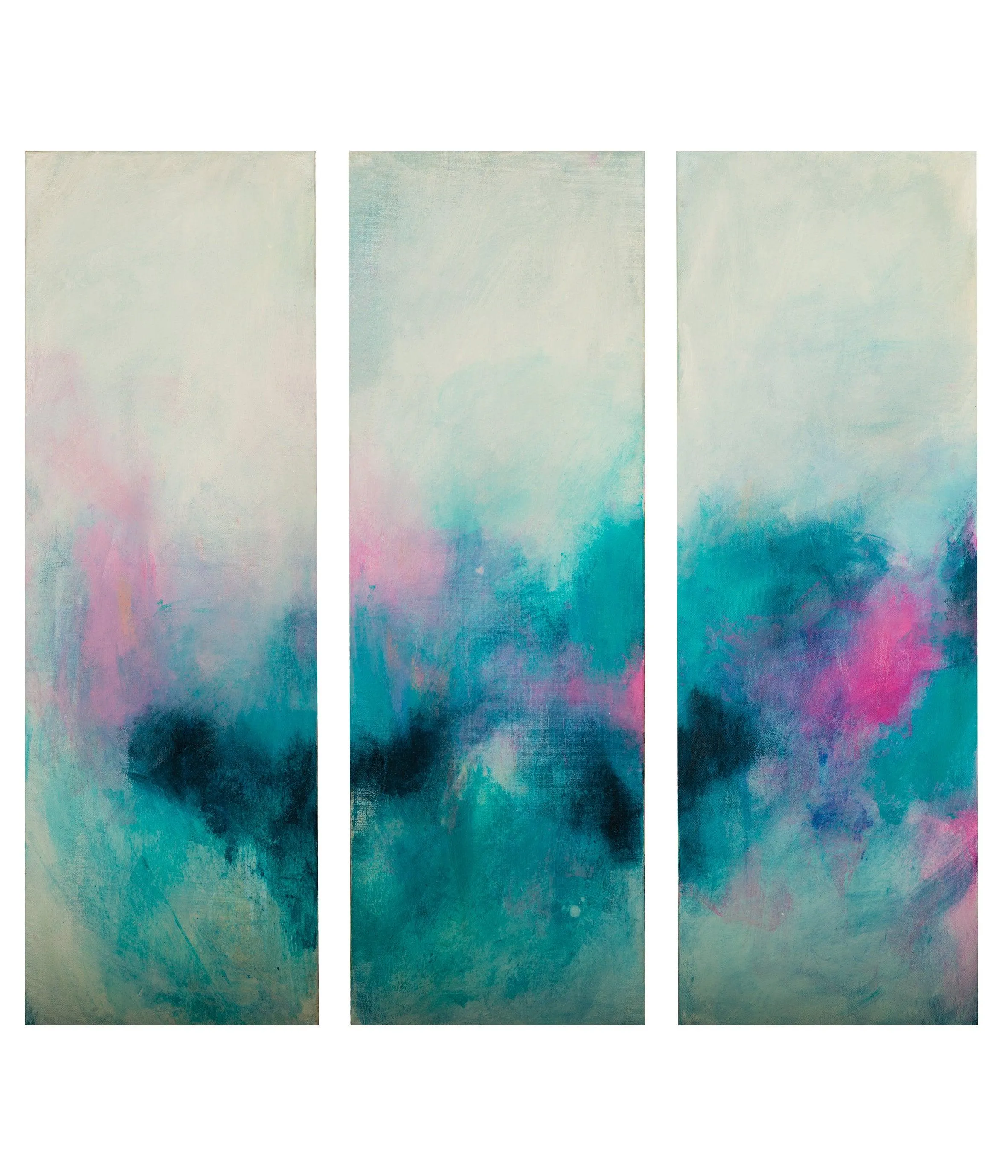 Set of 3 teal aqua blue abstract seascape art, Blush pink wall art set, Teal Abstract landscape