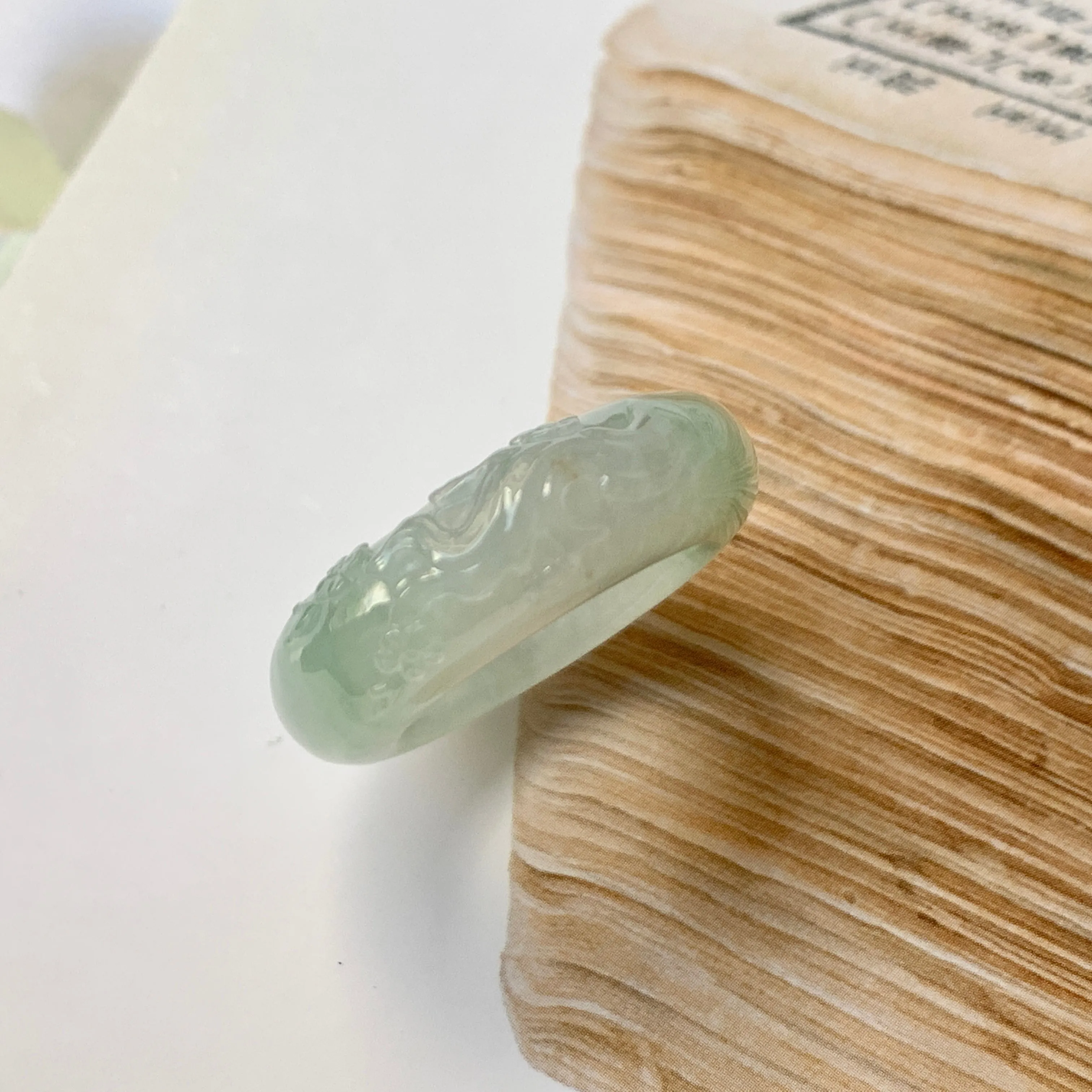 SOLD OUT: 17mm A-Grade Natural Jadeite Joseon Ring Band With Sakura Flowers Carving No.162289