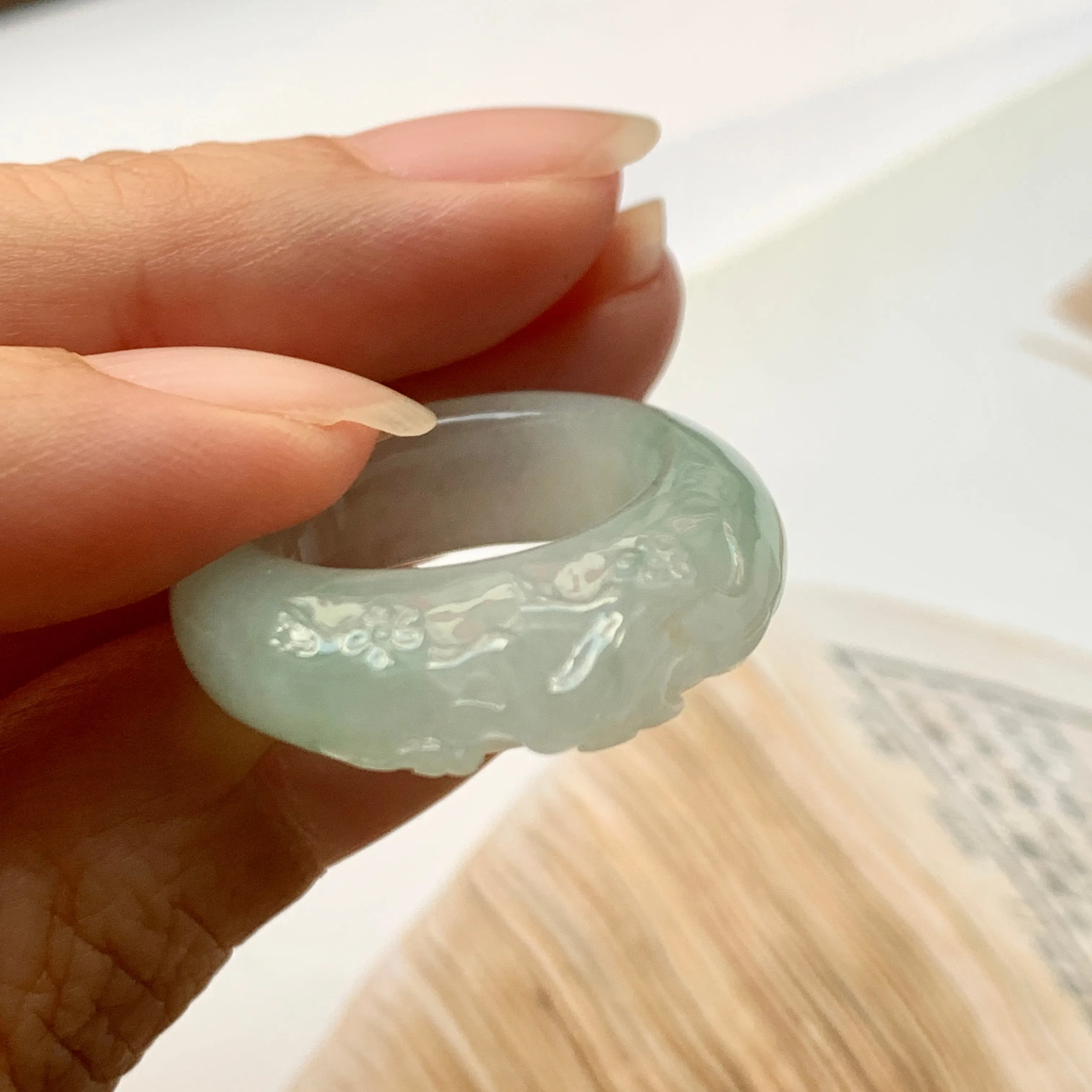 SOLD OUT: 17mm A-Grade Natural Jadeite Joseon Ring Band With Sakura Flowers Carving No.162289