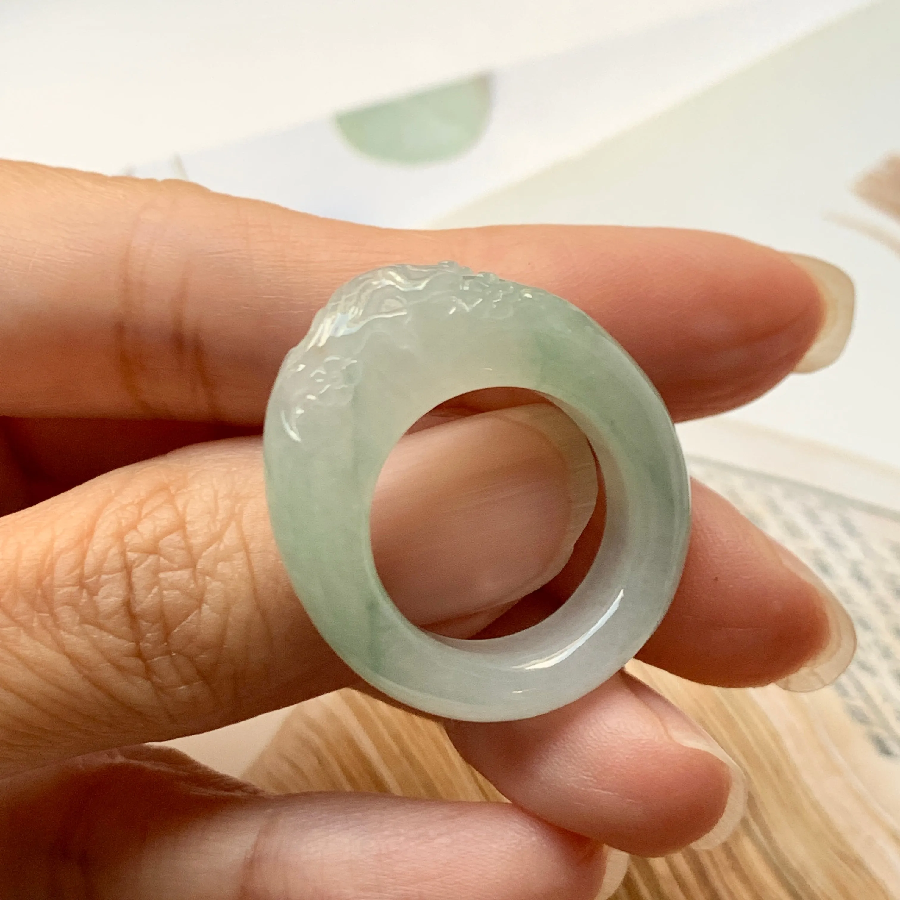 SOLD OUT: 17mm A-Grade Natural Jadeite Joseon Ring Band With Sakura Flowers Carving No.162289