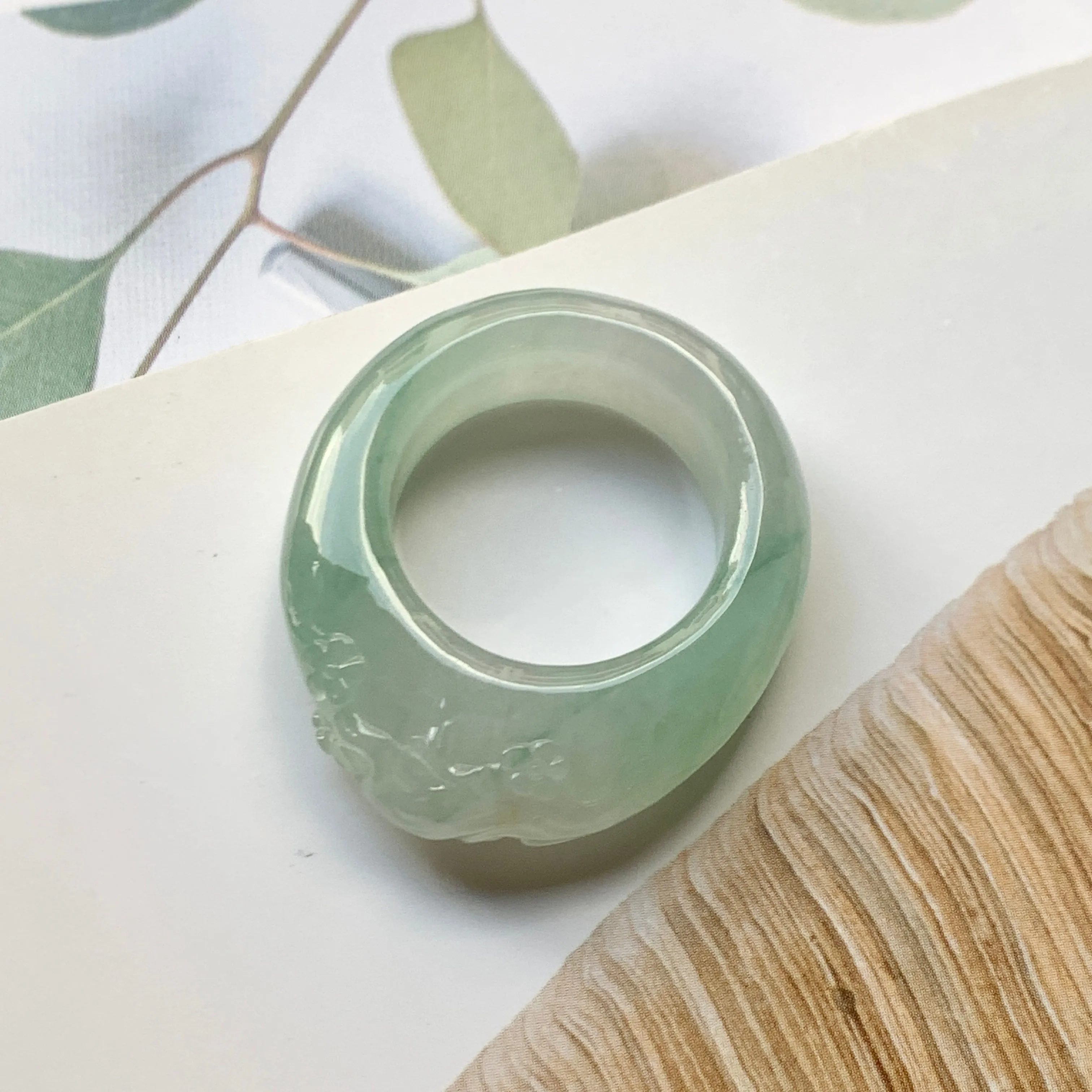 SOLD OUT: 17mm A-Grade Natural Jadeite Joseon Ring Band With Sakura Flowers Carving No.162289