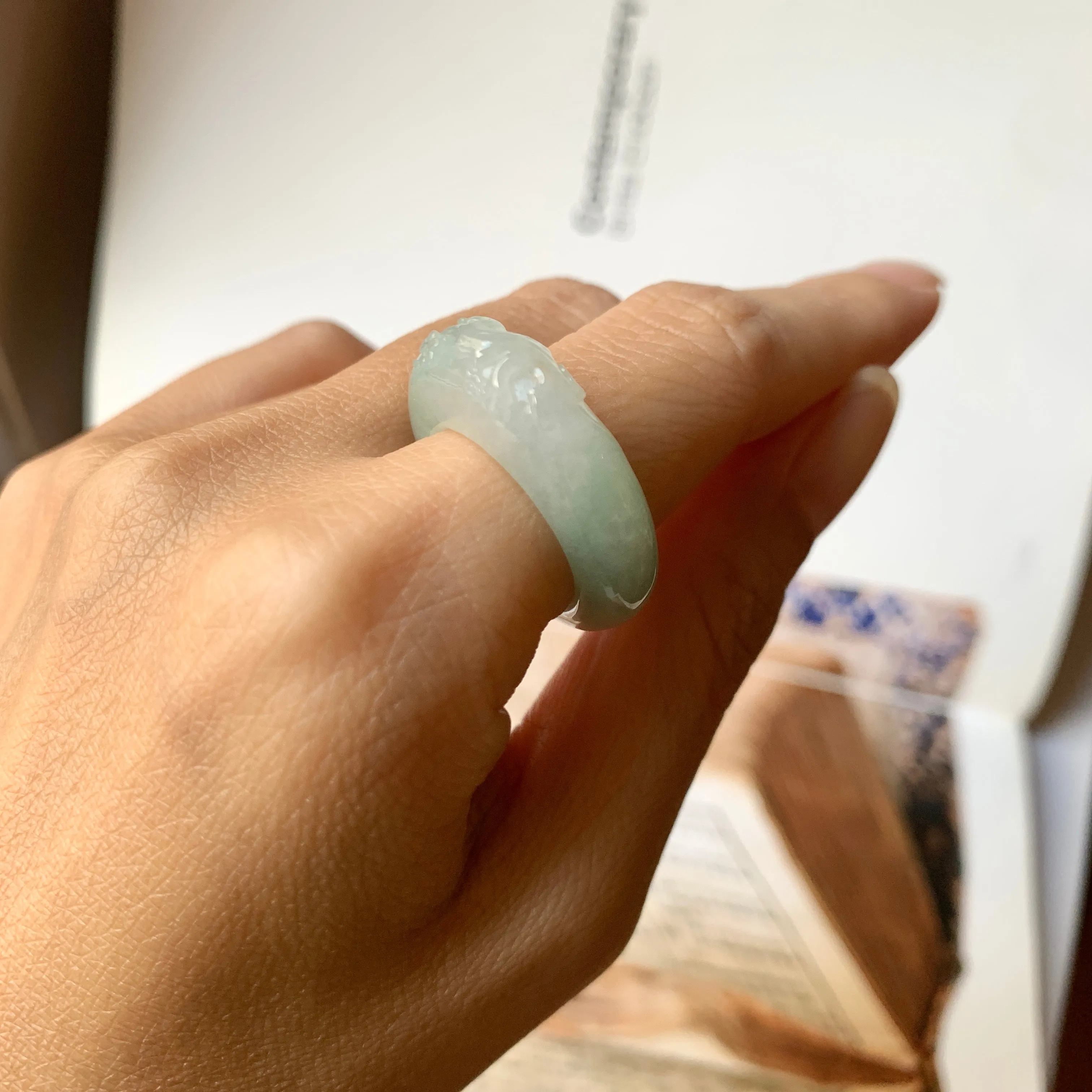 SOLD OUT: 17mm A-Grade Natural Jadeite Joseon Ring Band With Sakura Flowers Carving No.162289