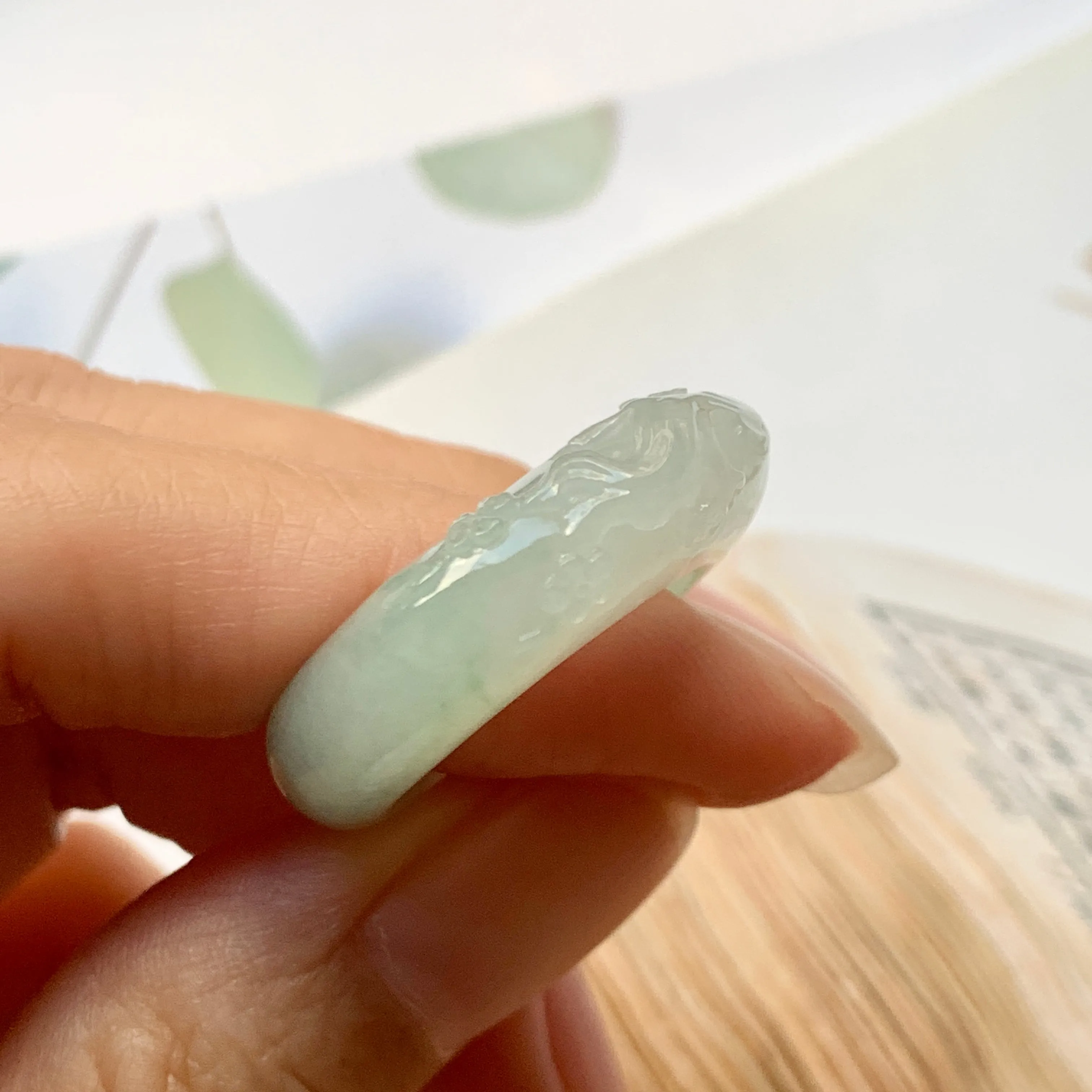SOLD OUT: 17mm A-Grade Natural Jadeite Joseon Ring Band With Sakura Flowers Carving No.162289