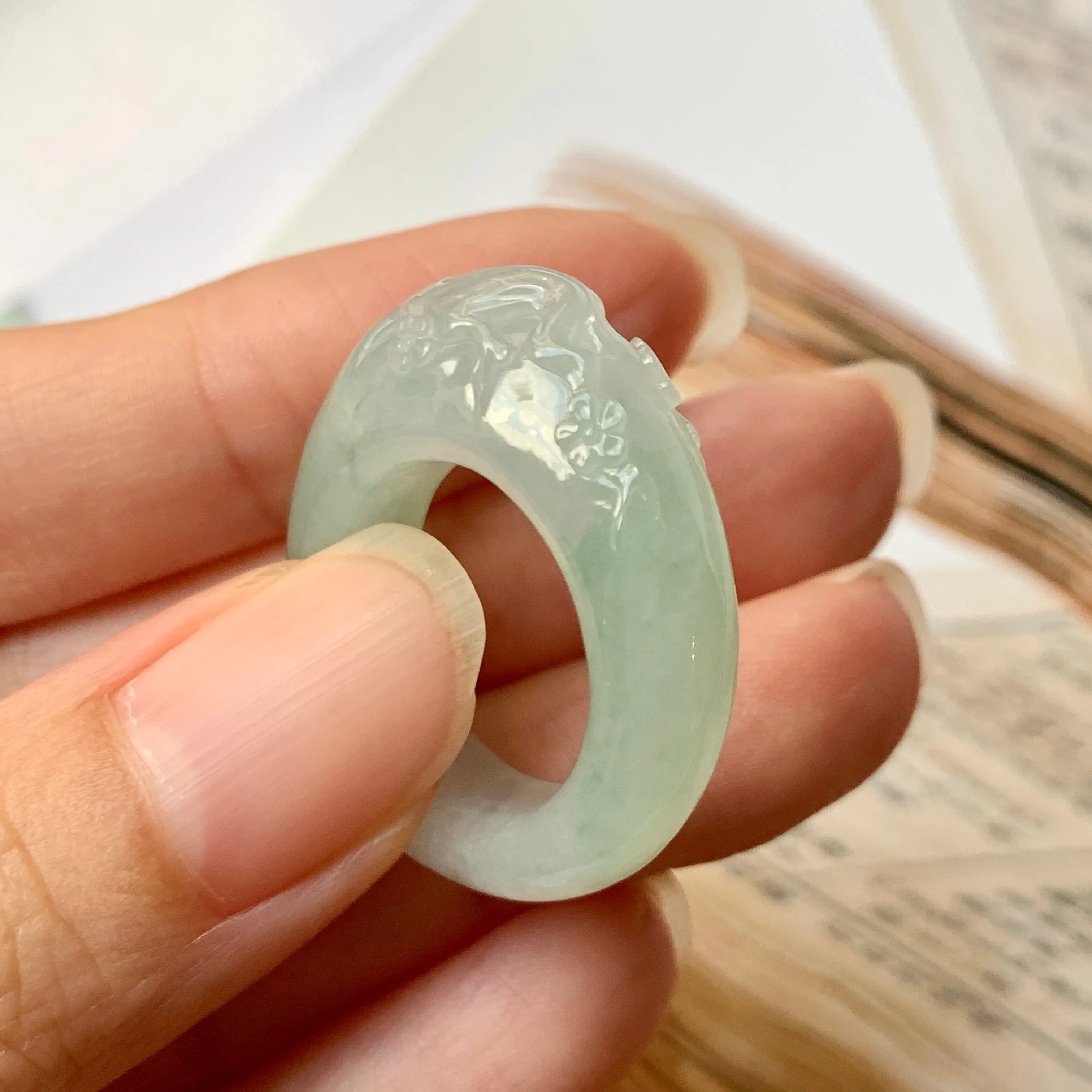 SOLD OUT: 17mm A-Grade Natural Jadeite Joseon Ring Band With Sakura Flowers Carving No.162289