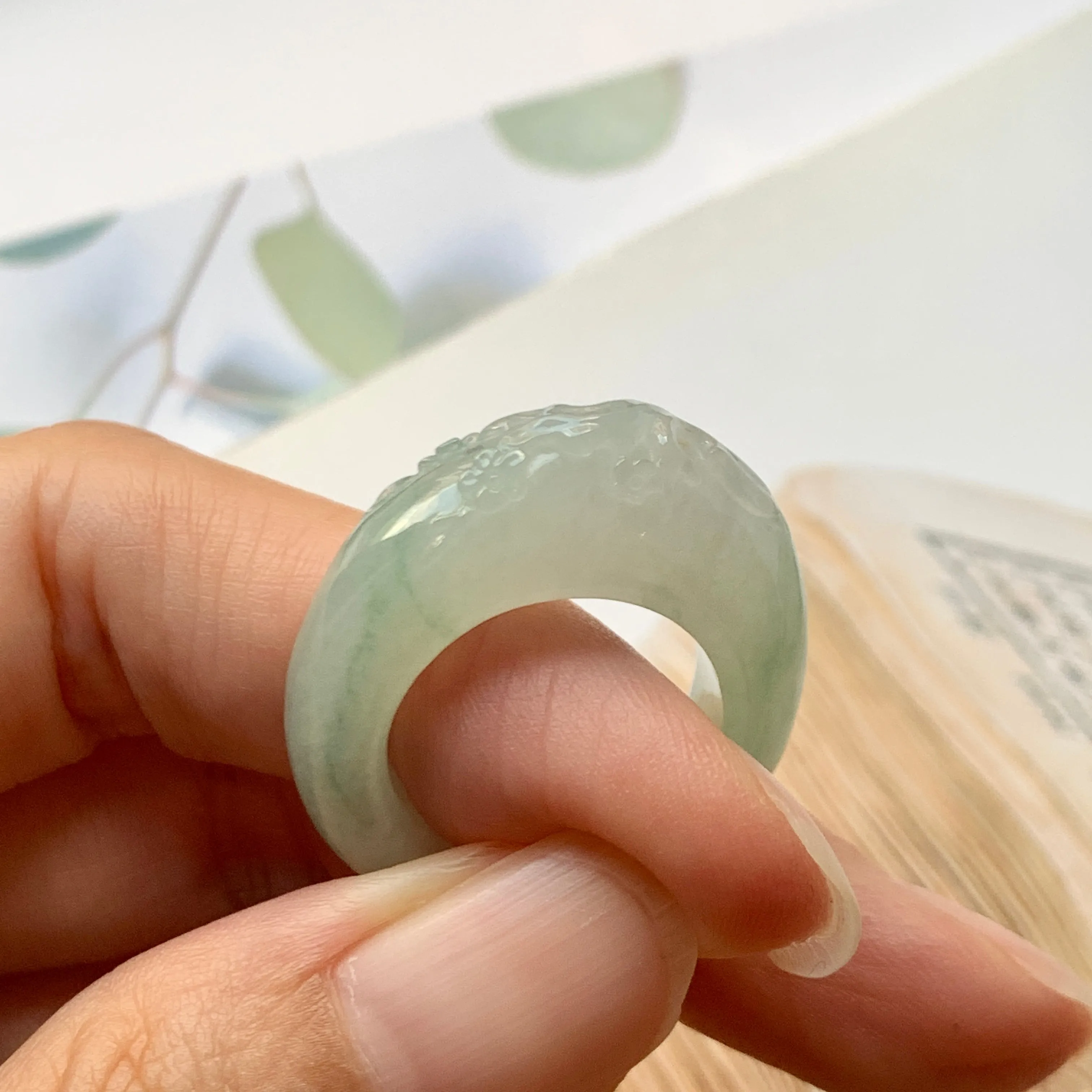 SOLD OUT: 17mm A-Grade Natural Jadeite Joseon Ring Band With Sakura Flowers Carving No.162289