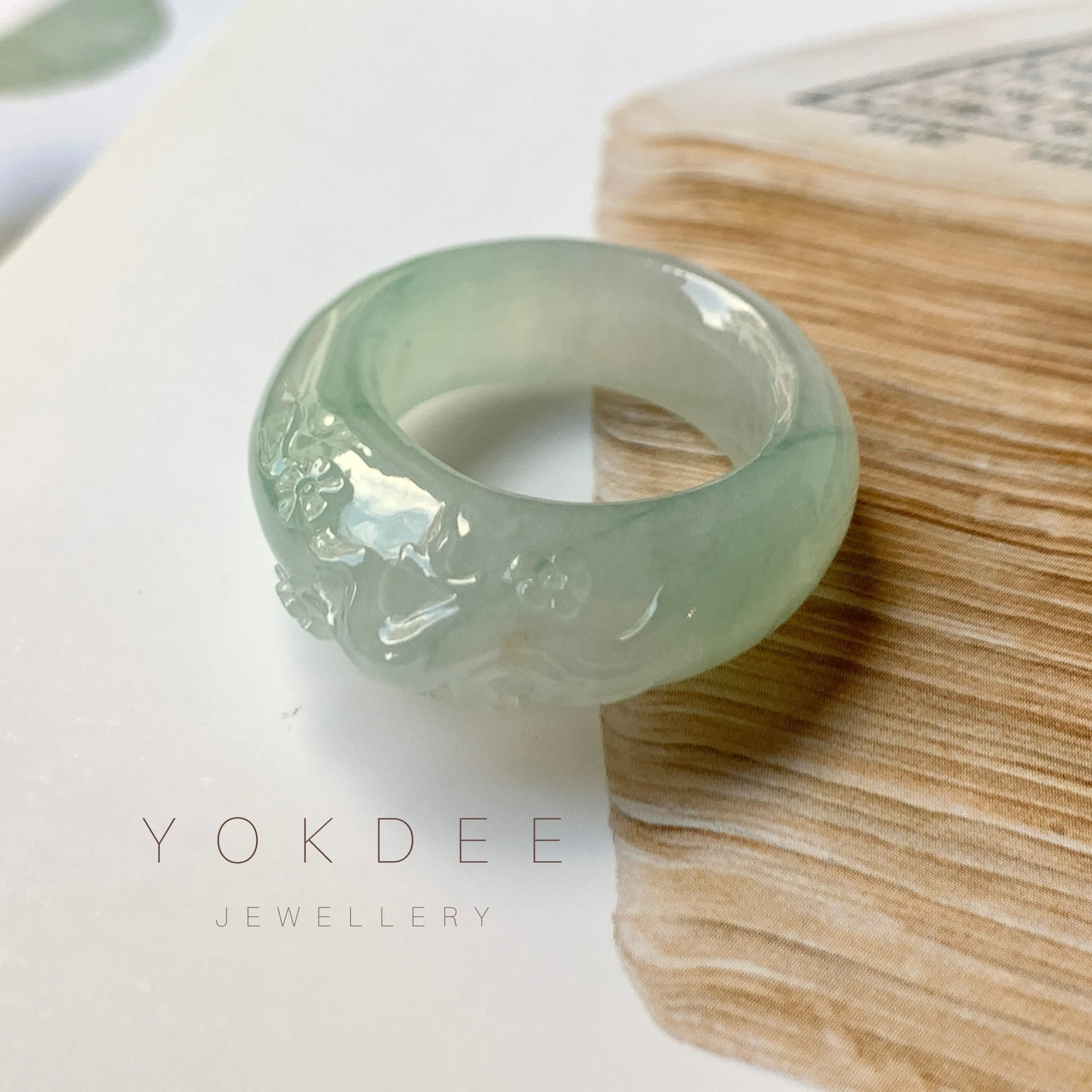 SOLD OUT: 17mm A-Grade Natural Jadeite Joseon Ring Band With Sakura Flowers Carving No.162289
