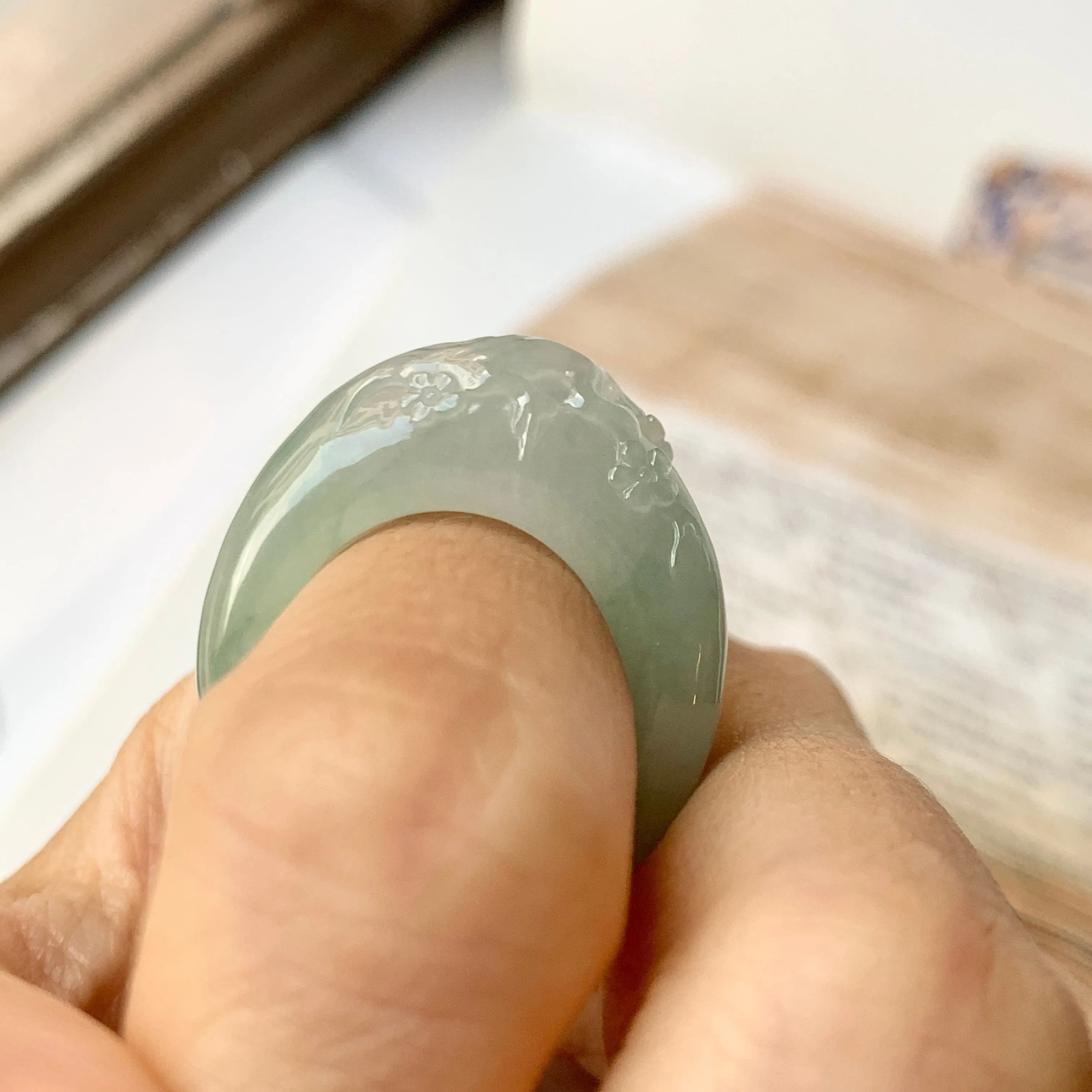 SOLD OUT: 17mm A-Grade Natural Jadeite Joseon Ring Band With Sakura Flowers Carving No.162289