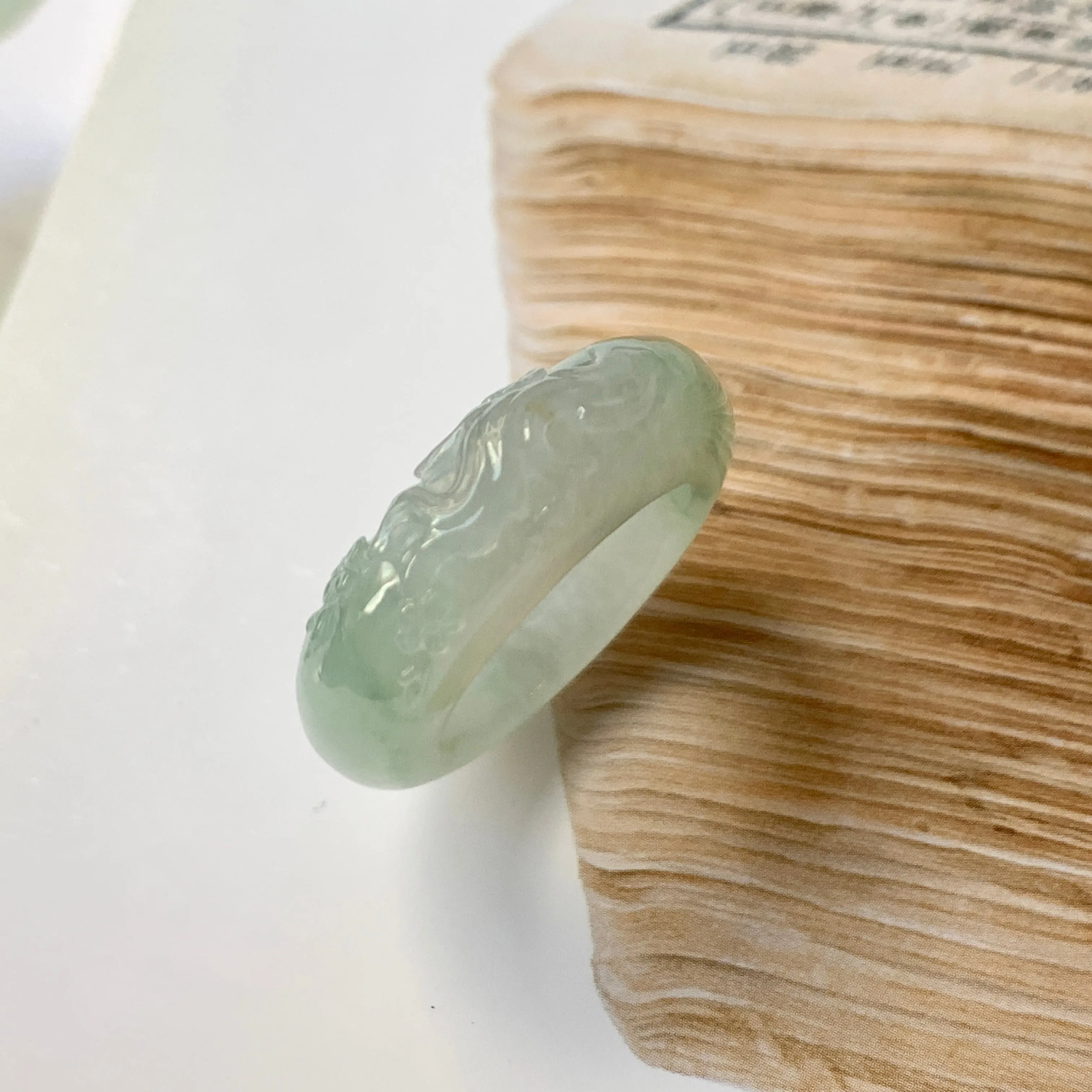 SOLD OUT: 17mm A-Grade Natural Jadeite Joseon Ring Band With Sakura Flowers Carving No.162289
