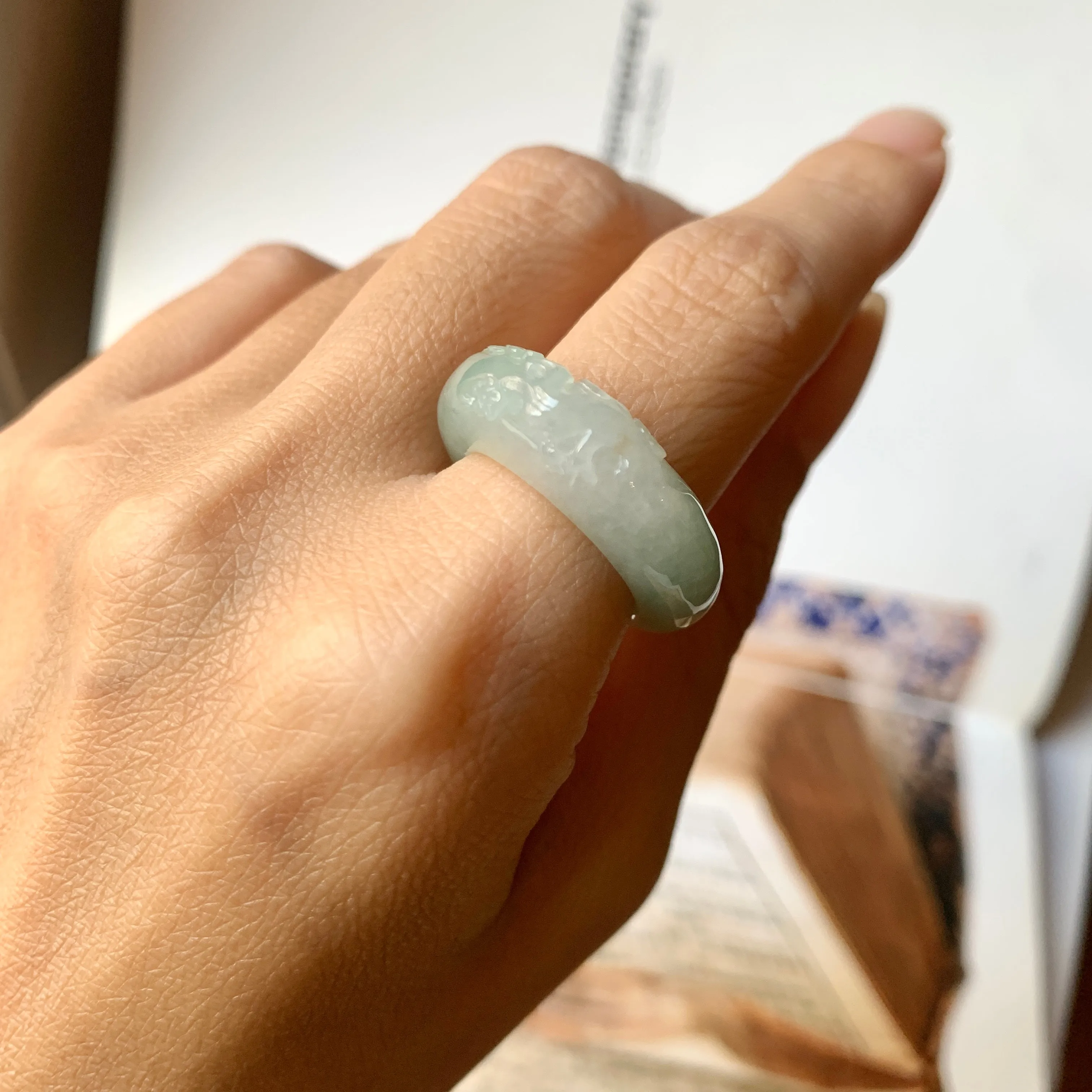 SOLD OUT: 17mm A-Grade Natural Jadeite Joseon Ring Band With Sakura Flowers Carving No.162289