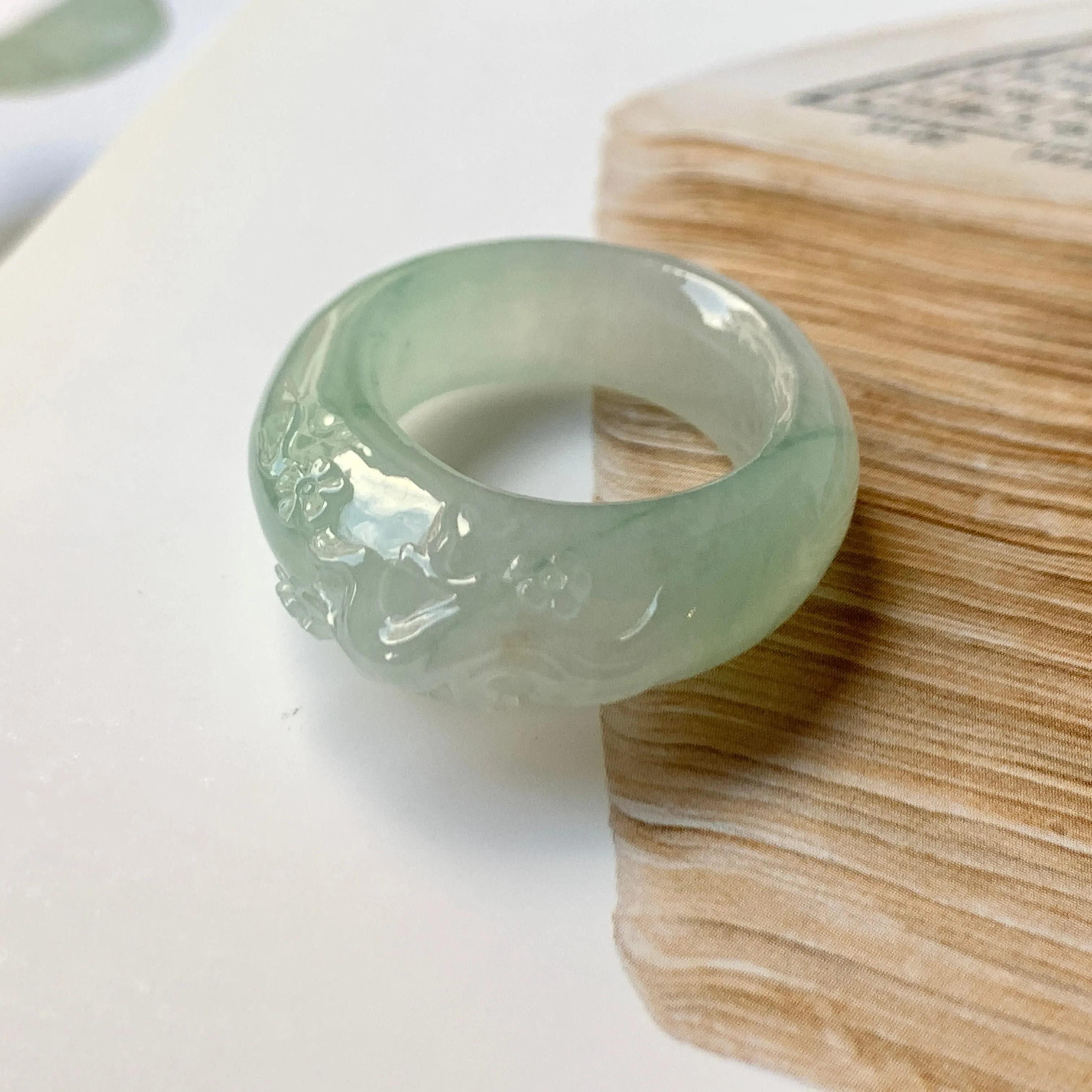 SOLD OUT: 17mm A-Grade Natural Jadeite Joseon Ring Band With Sakura Flowers Carving No.162289
