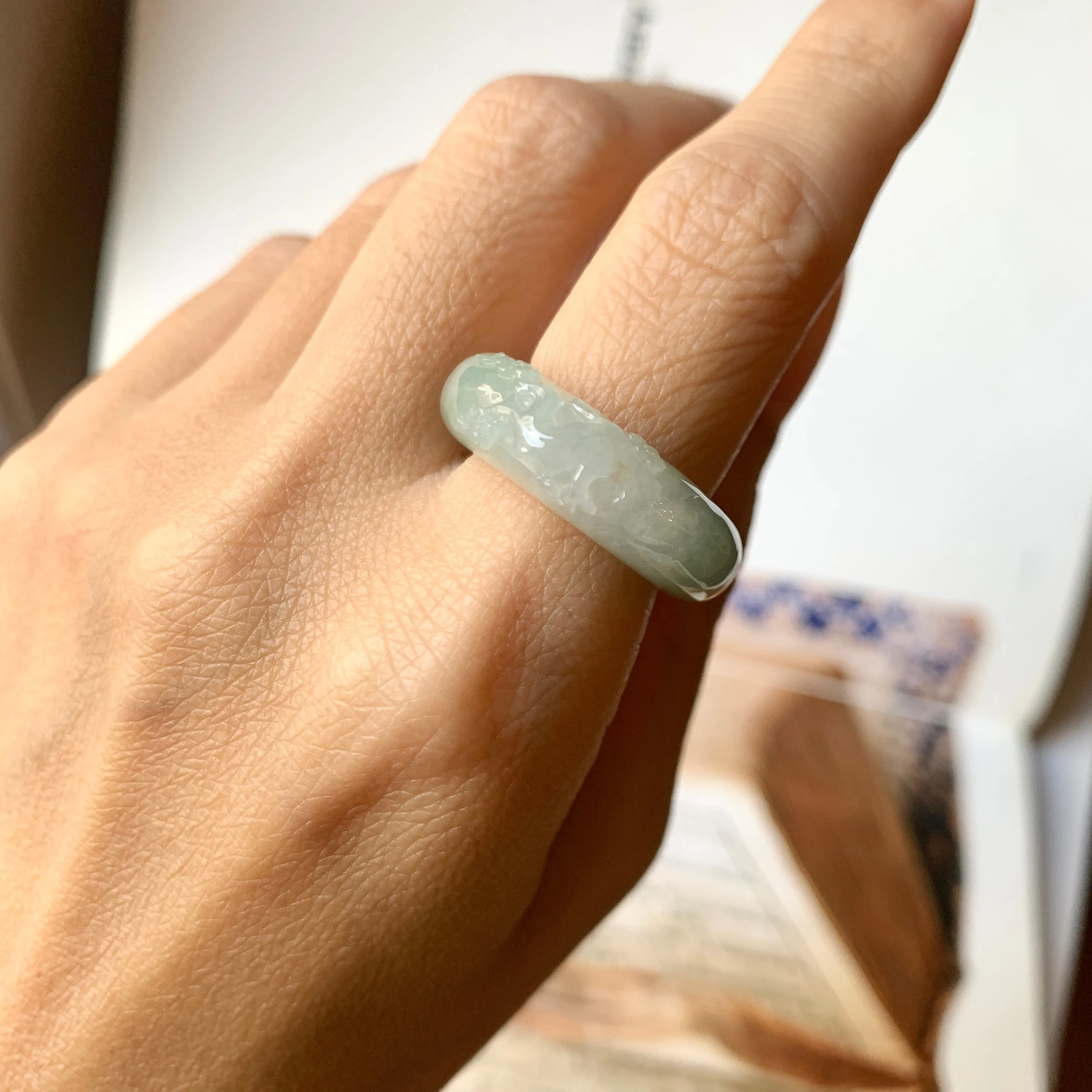 SOLD OUT: 17mm A-Grade Natural Jadeite Joseon Ring Band With Sakura Flowers Carving No.162289